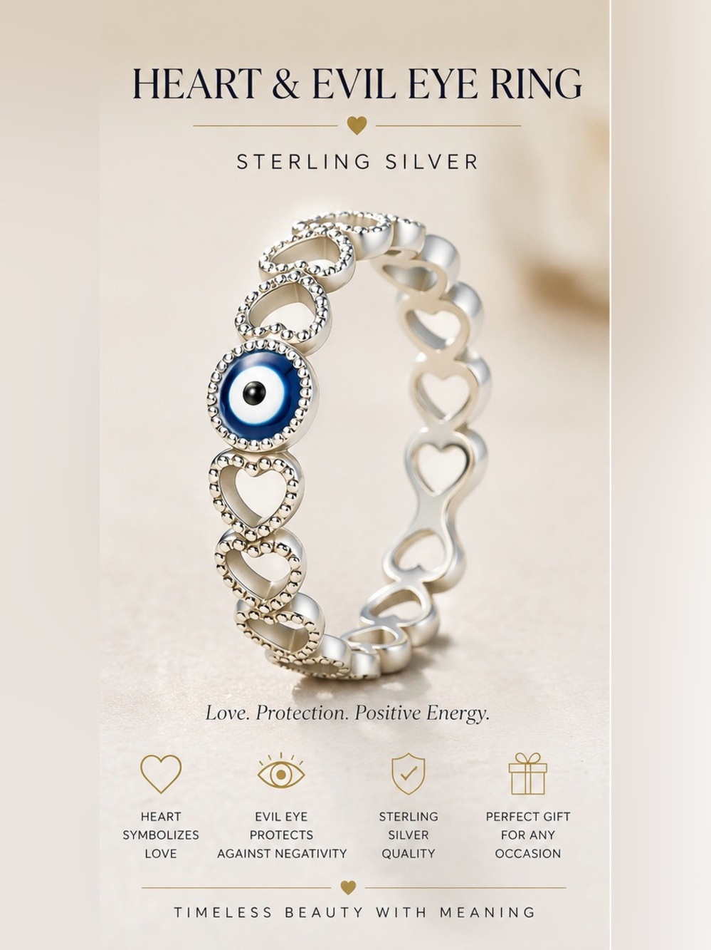 Heart Evil Eye Ring - Silver with Blue Eye